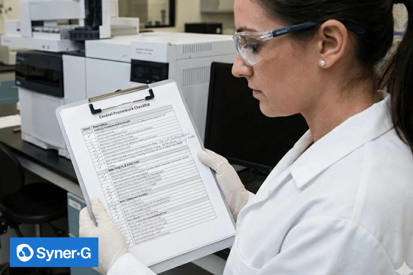 Woman reviewing CMC process control framework checklist