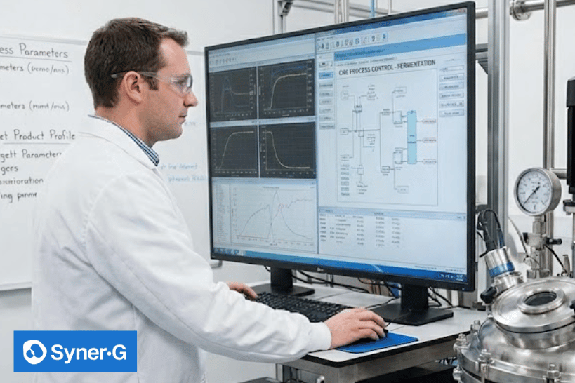 Lab professional analyzing CPC process control data on large monitor