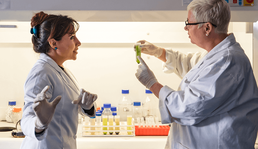 Biopharma scientists reviewing samples in a laboratory, representing CRO, CMO, and CDMO collaboration in drug development