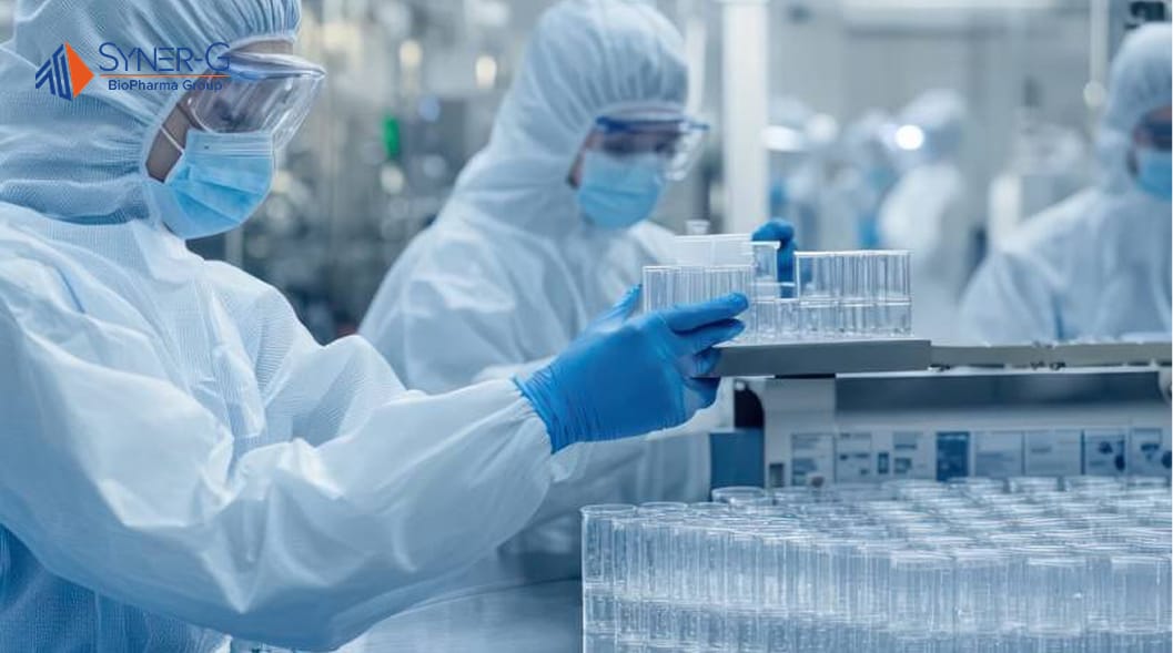 Pharmaceutical lab technicians in full PPE inspecting vials in a sterile GMP-compliant manufacturing environment.