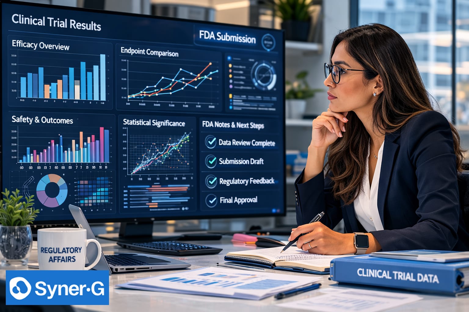 Regulatory affairs professional reviewing clinical trial results and FDA submission data on a large analytics dashboard displaying efficacy, safety outcomes, and statistical analysis.