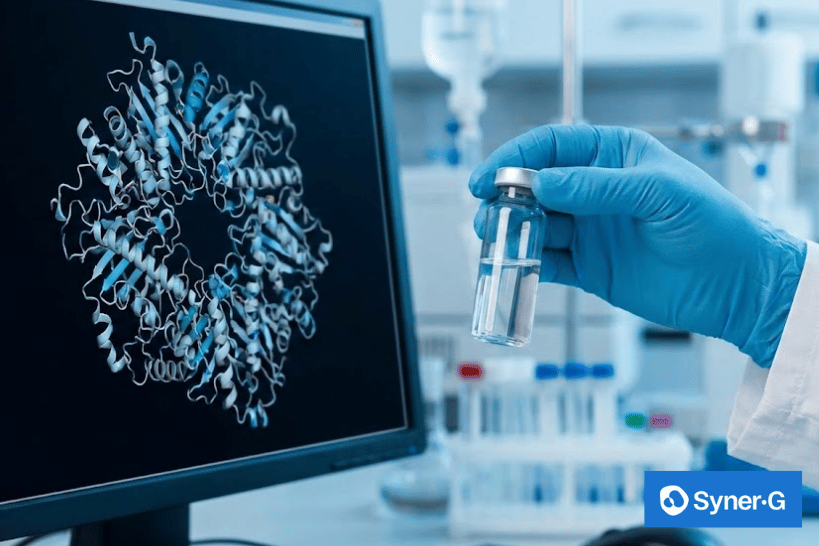 Scientist holding unlabeled drug beside large molecule display.