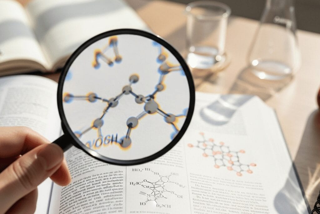 Magnifying glass zooming in on molecule illustration