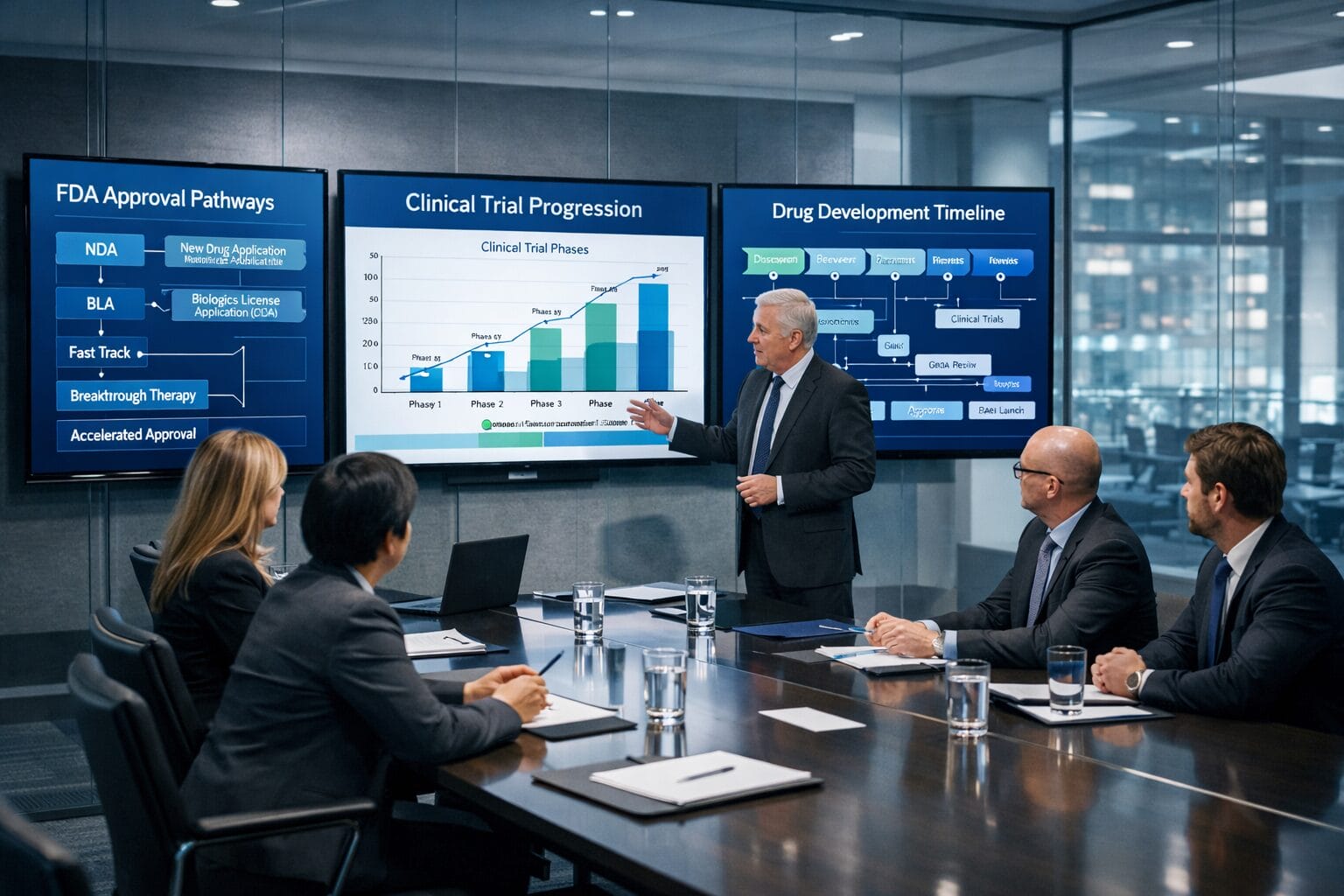 Business professionals in a conference room reviewing pharmaceutical clinical trial progression, FDA approval pathways, and drug development timelines on large screens.