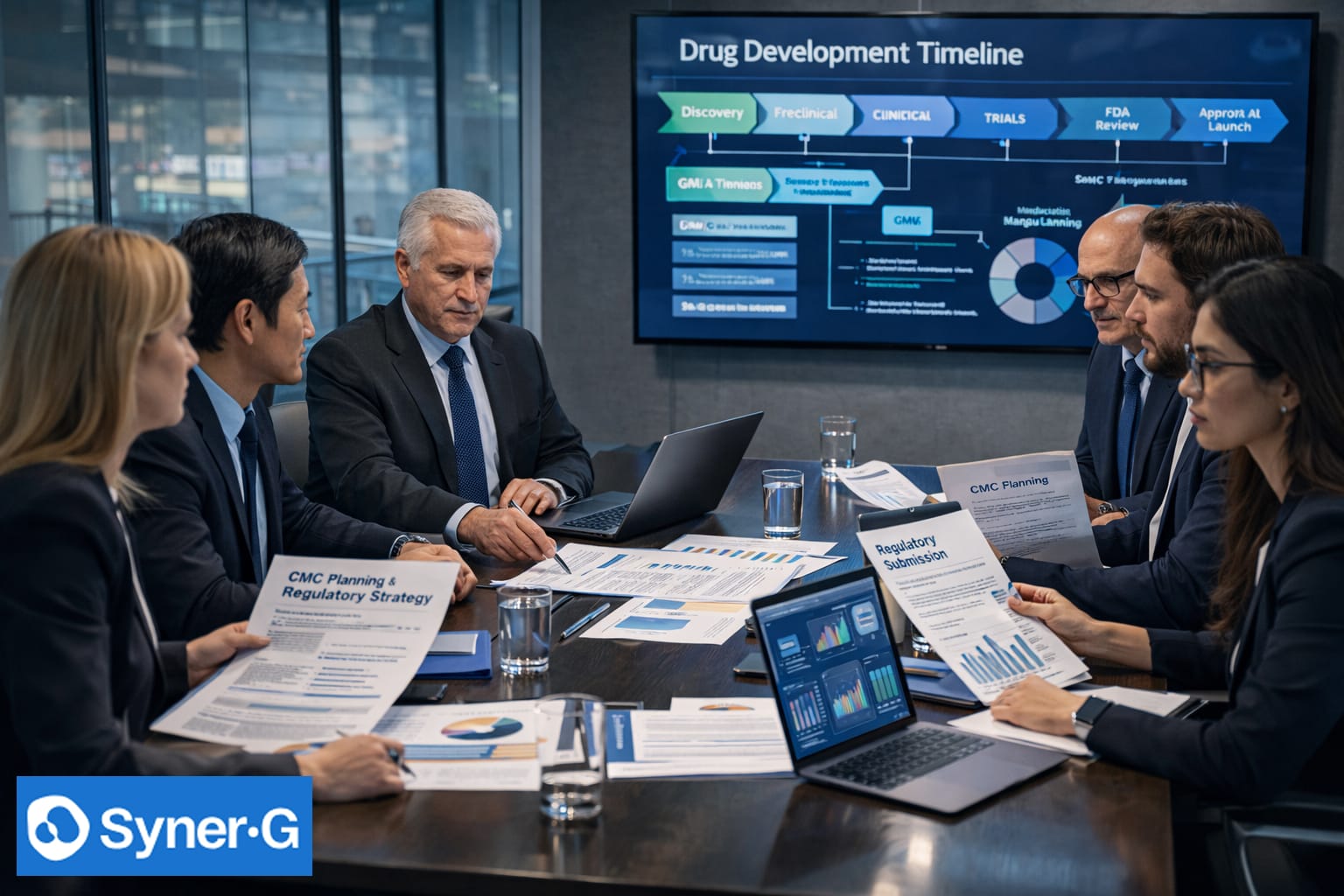 Pharmaceutical executives reviewing regulatory submission documents and drug development timeline during a strategic planning meeting in a conference room.