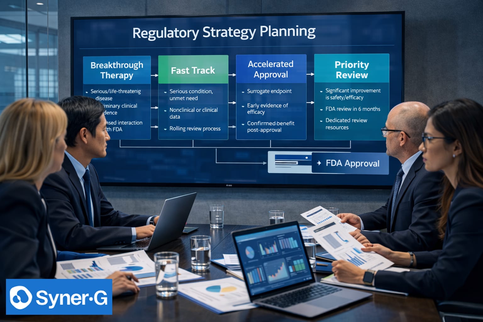 Pharmaceutical team reviewing regulatory strategy planning presentation outlining Breakthrough Therapy, Fast Track, Accelerated Approval, and Priority Review pathways for FDA approval.