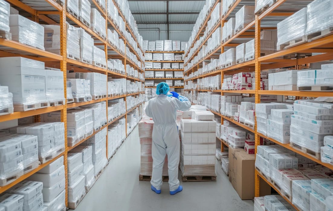 Pharmaceutical worker wearing PPE inside a large drug storage facility.