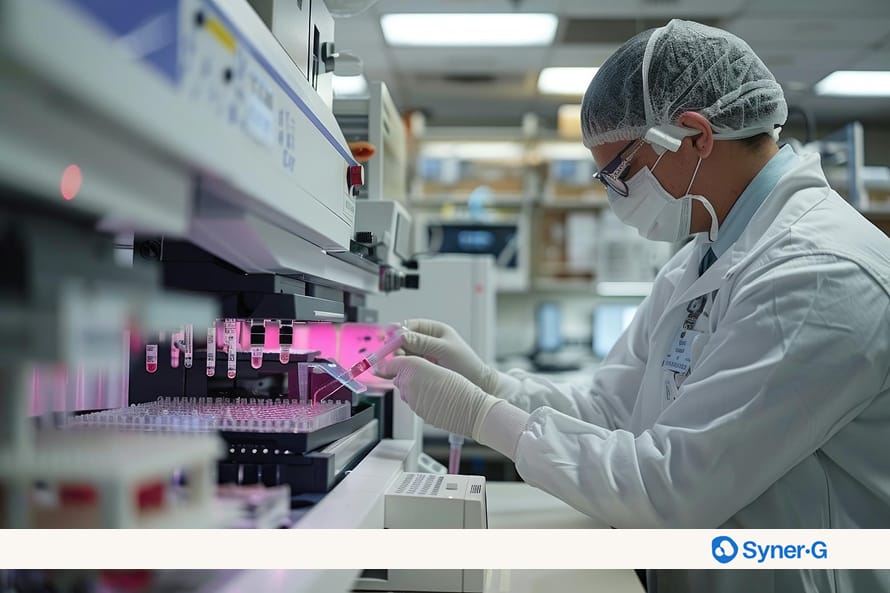 Scientist conducting research in modern laboratory setting with advanced equipment.