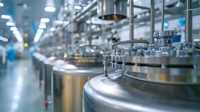 Stainless steel tanks and industrial equipment in a pharmaceutical or biotech manufacturing facility.
