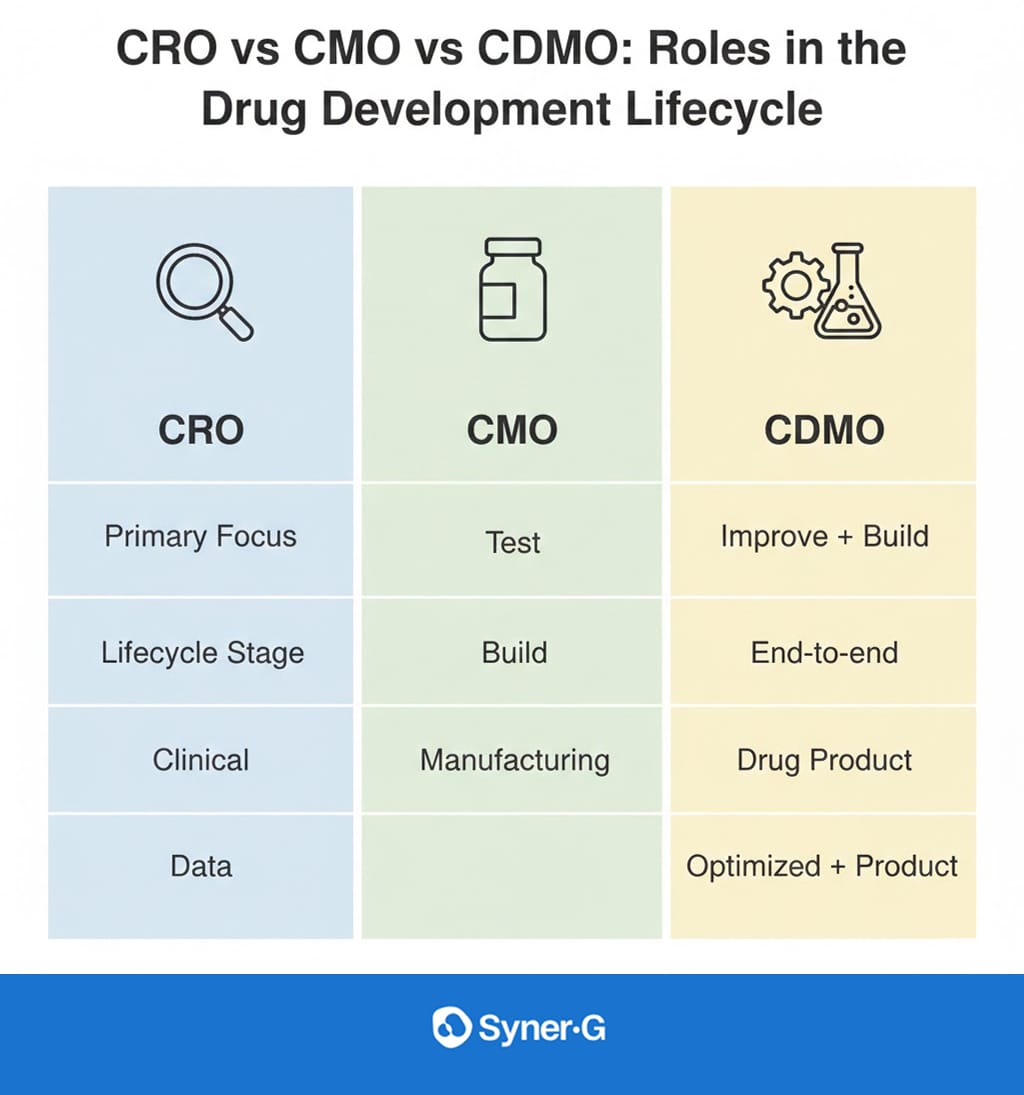 Comparison chart showing the roles of CRO, CMO, and CDMO in the drug development lifecycle, focusing on clinical research, manufacturing, and integrated development services.