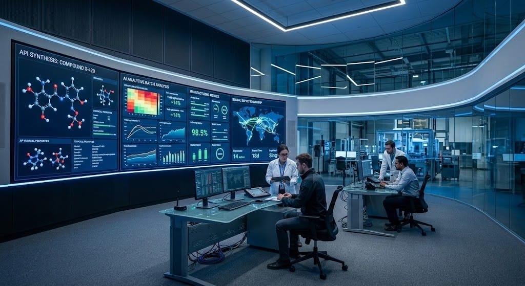 Modern laboratory control room with scientists analyzing data on large digital screens displaying molecular models, analytics dashboards, and global network maps.