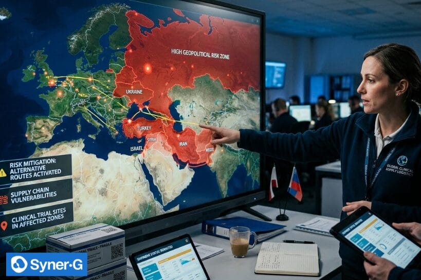 Analyst in an operations room points to a large “high geopolitical risk zone” map to assess clinical trial supply chain vulnerabilities and activate alternate routes.