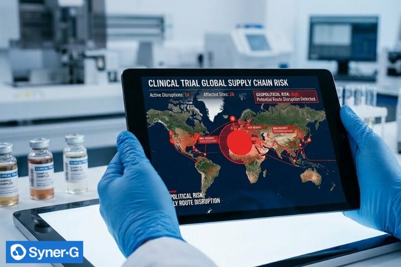 Gloved hands hold a tablet showing a “Clinical Trial Global Supply Chain Risk” map with red hotspots and disruption alerts in a lab setting.