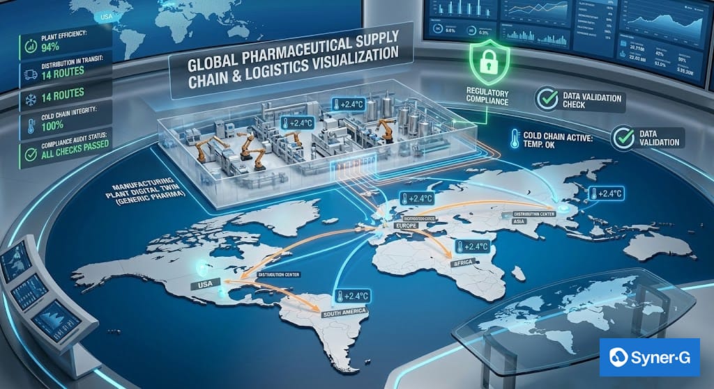 Digital dashboard showing global pharmaceutical supply chain and logistics visualization with manufacturing plant, cold chain temperature tracking, compliance status, and distribution routes across a world map.