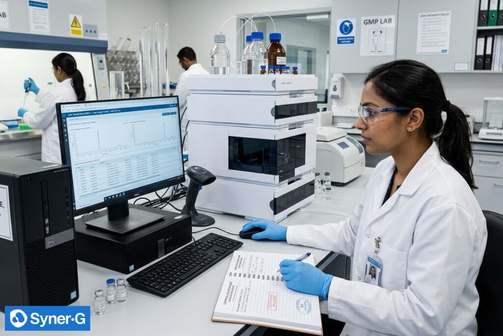 Lab analyst in a white coat, gloves, and safety glasses reviews HPLC chromatography data on a computer and records results in a notebook in a GMP lab.