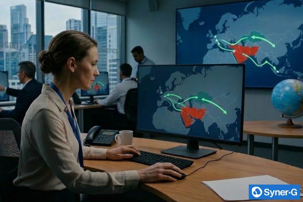 Supply chain analyst monitors global shipment routes on digital maps to help protect clinical trial supply chains from geopolitical risk and disruptions.