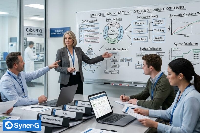 Quality and compliance team meeting in a QMS office, reviewing a whiteboard on embedding data integrity into QMS for sustainable compliance and system validation.