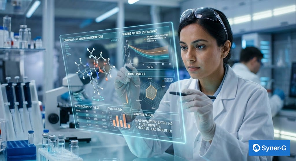 Scientist in a laboratory analyzing molecular data on a transparent digital screen displaying binding affinity graphs, ADMET profile charts, and AI-driven drug optimization results.