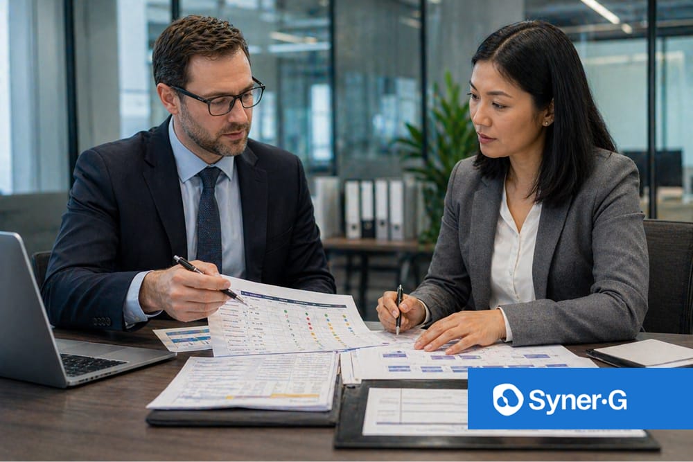 Two business professionals reviewing project documents and charts together at a conference table with a laptop nearby