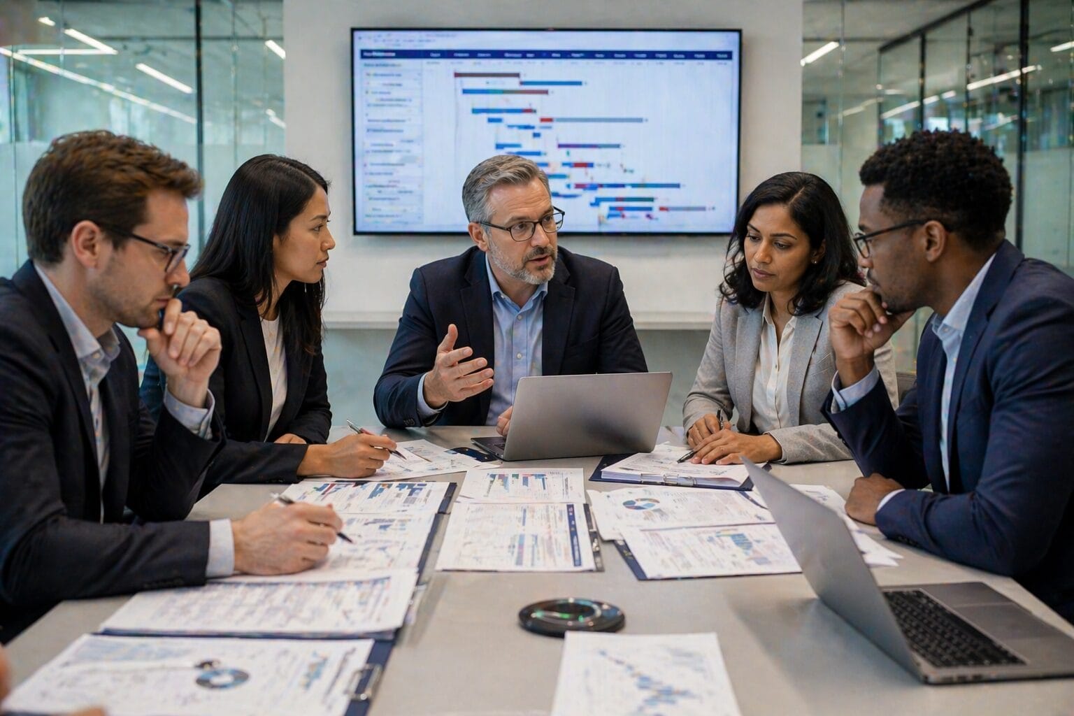 Business team reviewing reports and discussing project timelines in a conference room with a scheduling dashboard on screen