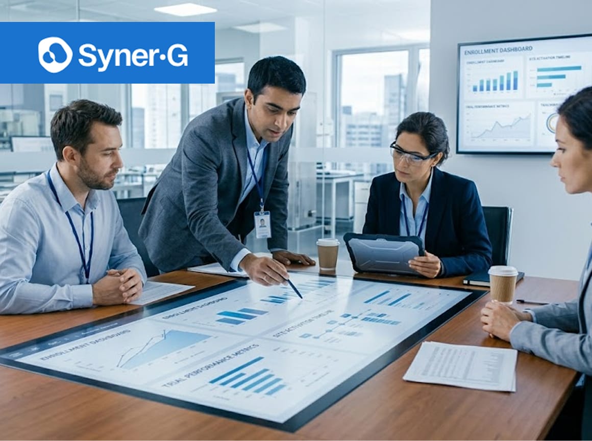 biopharma team analyzing clinical trial data and performance metrics during strategy meeting