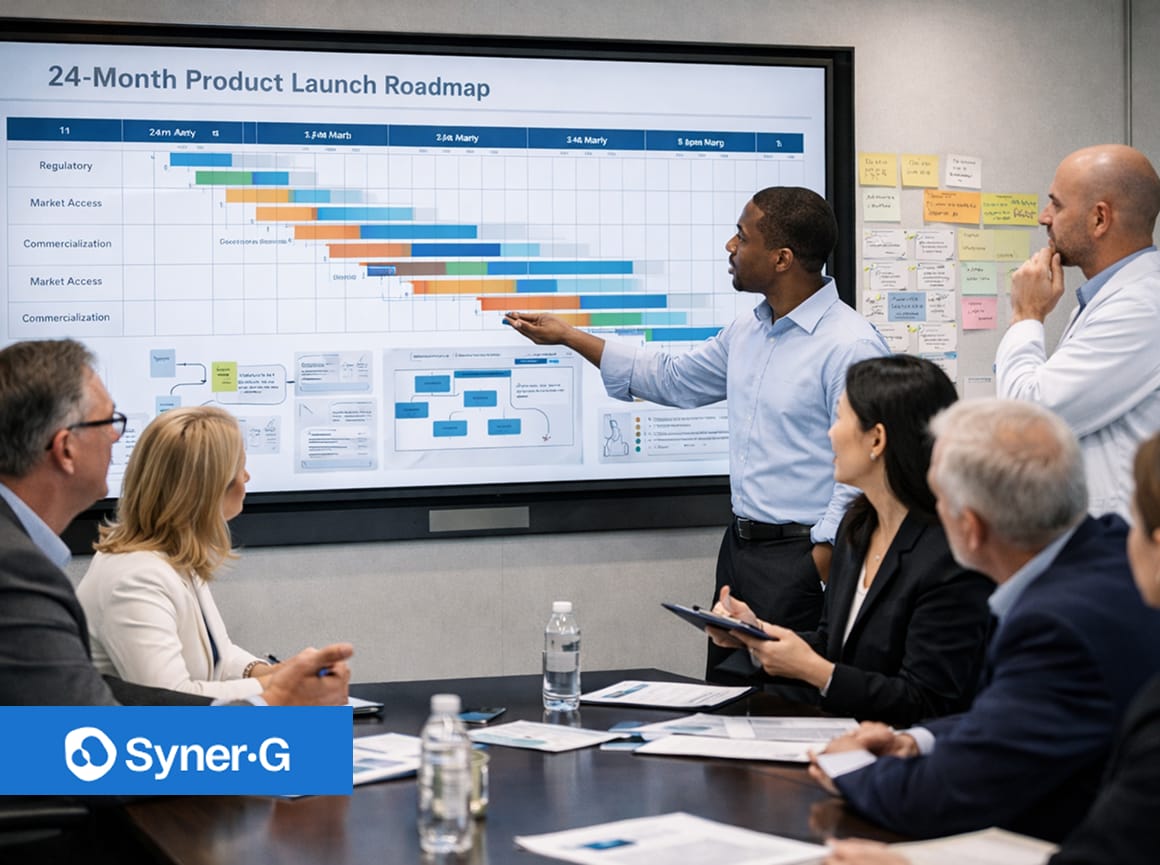 business team reviewing 24 month product launch roadmap and commercialization strategy during planning meeting