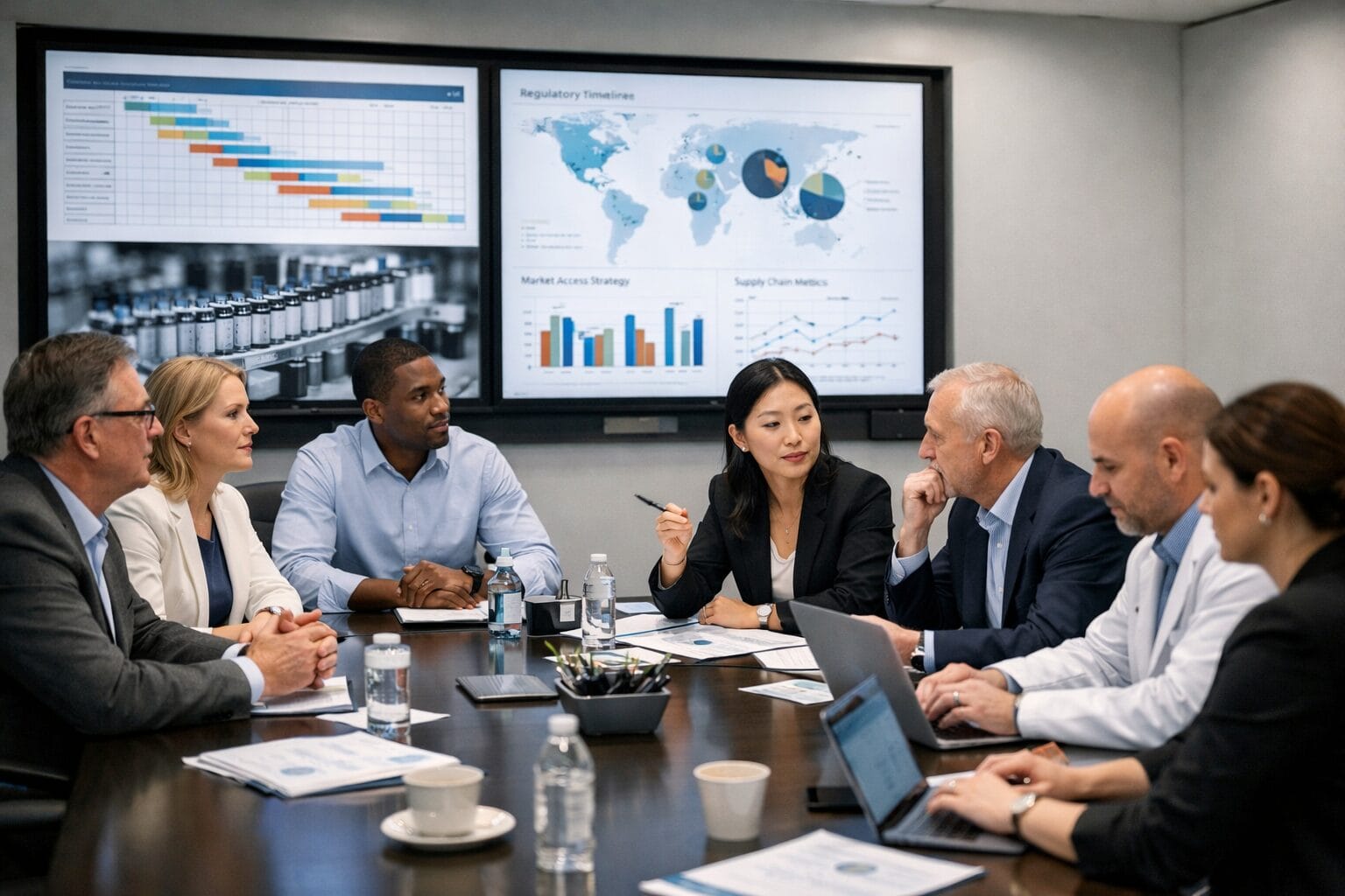 biopharma leadership team reviewing regulatory timelines and market strategy data during corporate meeting