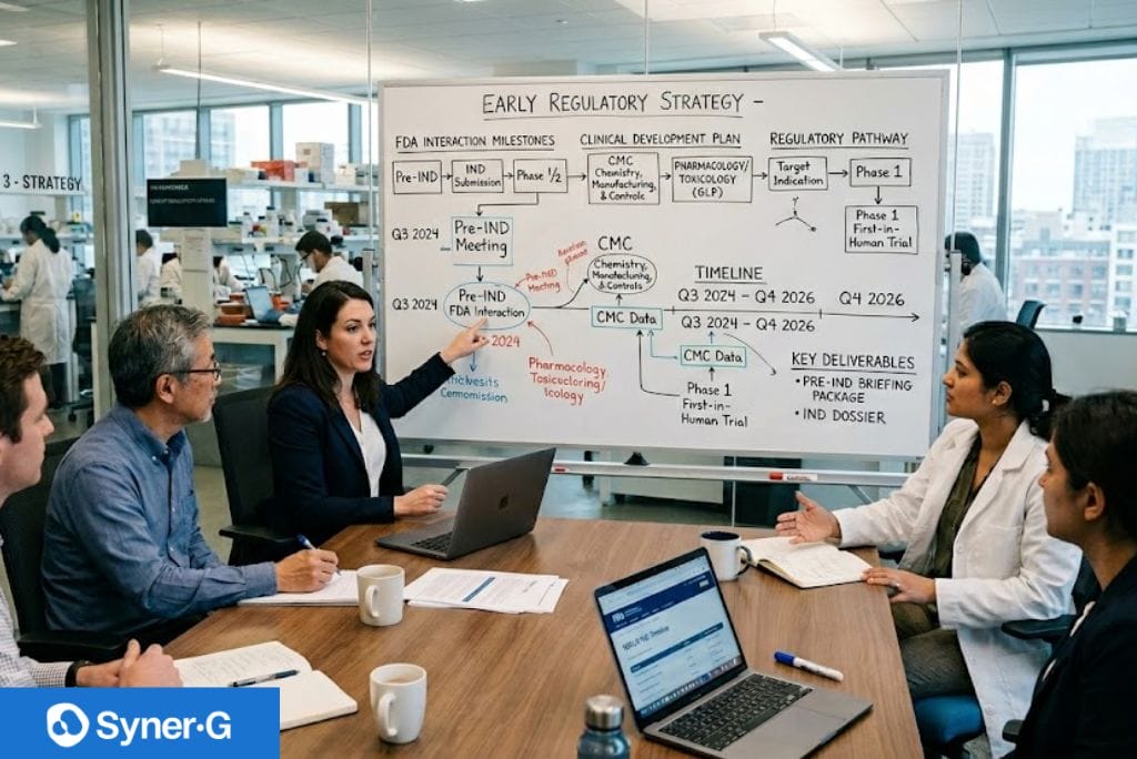 Biopharma team discussing early regulatory strategy, CMC milestones, FDA interactions, and clinical development timelines in a planning meeting