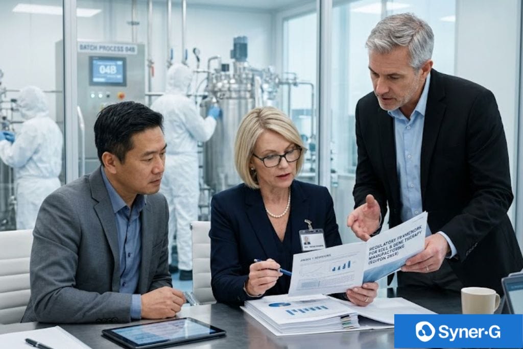Pharmaceutical CMC compliance team reviewing regulatory documents in a biomanufacturing facility with GMP process equipment in the background