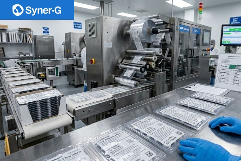 Pharmaceutical packaging and labeling production line in a cleanroom with technicians inspecting blister packs and GMP batch documentation