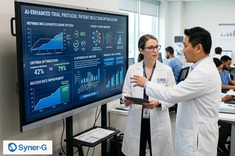 Researchers reviewing AI-enhanced clinical trial protocol data on a digital display for patient selection optimization and criteria analysis