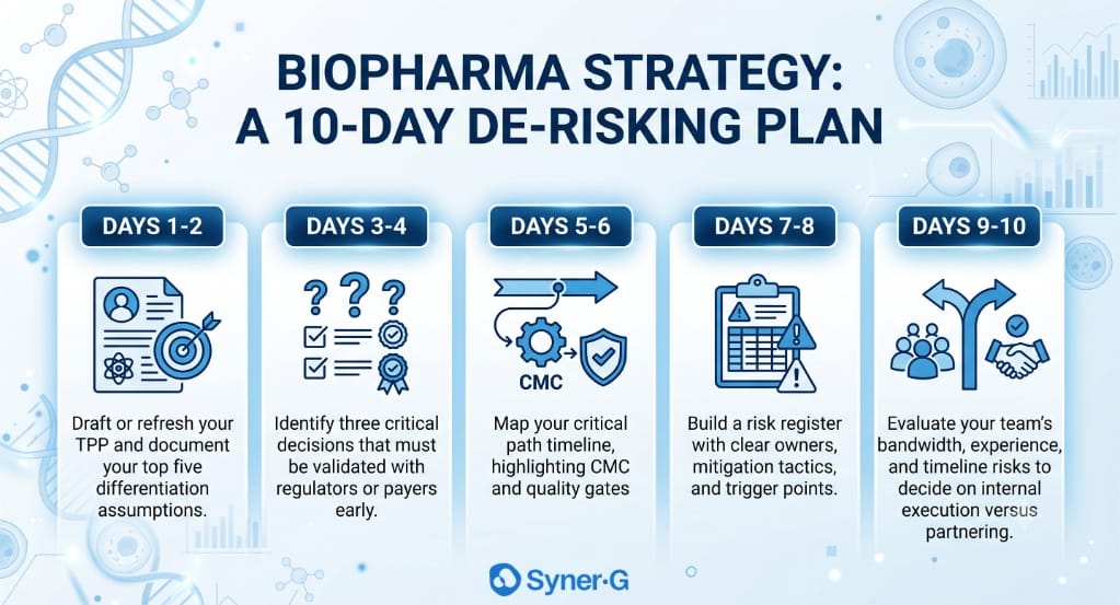 Biopharma strategy infographic showing a 10-day de-risking plan with TPP assumptions, critical decisions, CMC timeline, risk register, and team evaluation