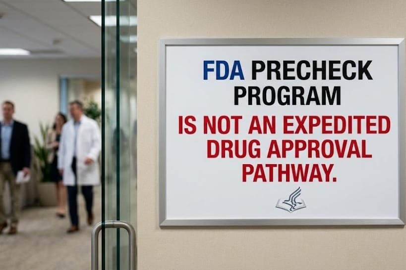 Office sign stating FDA PreCheck Program is not an expedited drug approval pathway, with pharmaceutical and regulatory professionals in the background