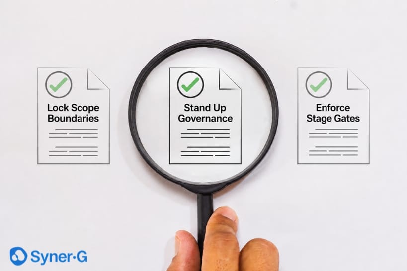 CDMO transfer operating model highlighting scope boundaries, governance, and stage-gate controls.