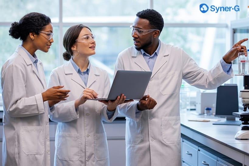 Biopharma scientists evaluating data and laboratory capabilities when choosing a CDMO partner.